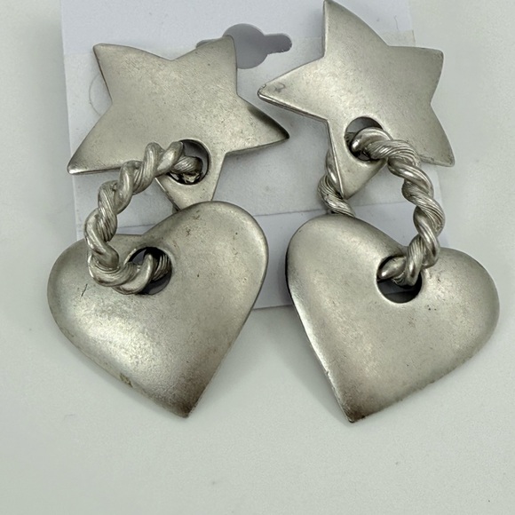 Vintage Big Metal Star Heart Dangle Earrings Silver Tone Made in USA Gift Style - Picture 2 of 5